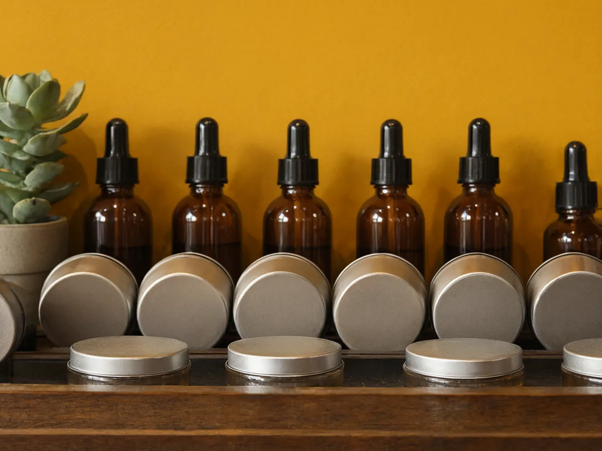 A wooden shelf of pomade tins and amber beard oil bottles against a mustard wall