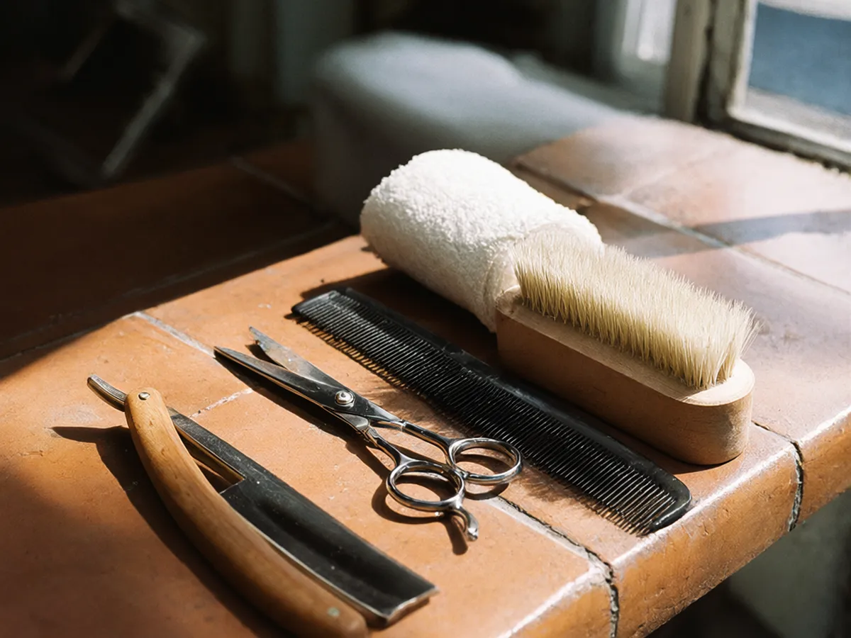 Silver shears, a comb, a straight razor and a neck brush on a terracotta counter